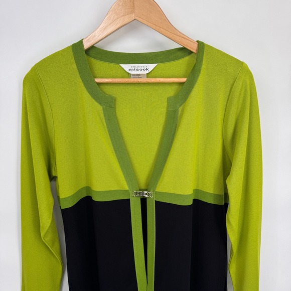 Exclusively Misook Chartreuse Green Black Cardigan Sweater XS Old Money - Picture 2 of 9